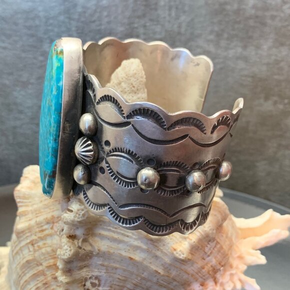 Navajo Kingsman Turquoise Stamped Sterling Silver Large Cuff Bracelet Butte J815 - Picture 2 of 8